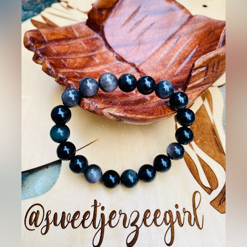 Silver Sheen Black Obsidian Crystal Stretch Bracelet 10mm